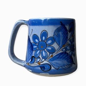 Vintage Signed Tonala Mug w/Hand Painted Bird Flowers Blue Mexican Pottery Boho